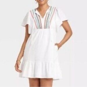 Knox Rose A-Line Flutter Sleeve Dress - White w/ Multi-Color Detail - XXL - EUC